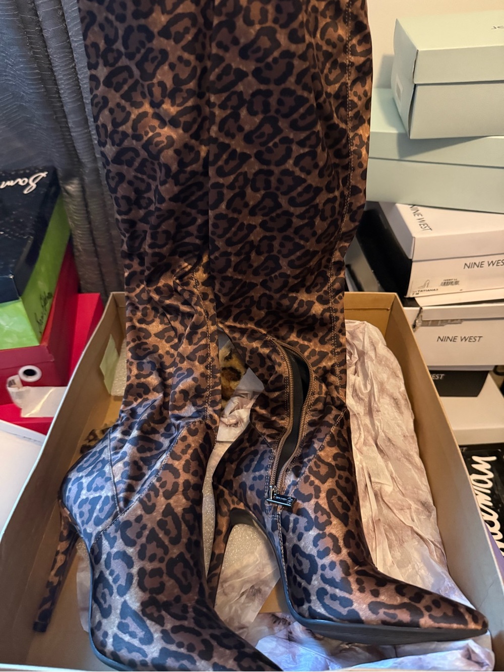 Jessica Simpson Alicia Leopard Print Knee-High Boots in Natural Tan and Black - Picture 1 of 3